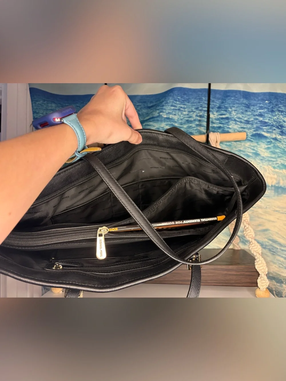 Michael Kors Black Leather Tote with Logo Charm and Gold Accents